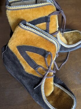 Faux Fur Two-Tone Lace-Up Booties in Golden Brown and Dark Brown